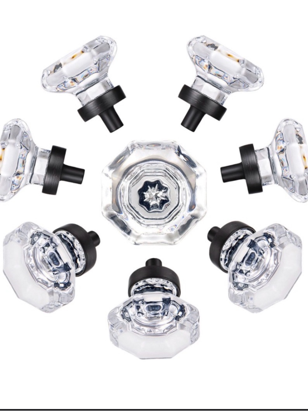 Set of 4 Clear Glass Door Knobs with Black Bases
